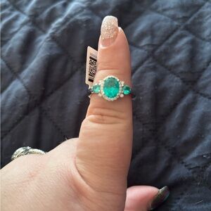 Tourmaline & White Diamond Silver Gemstone Ring Sz 10